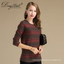 Autumn Long Sleeves Strip Ribbed Wool Cashmere Knitwear Woman Sweater